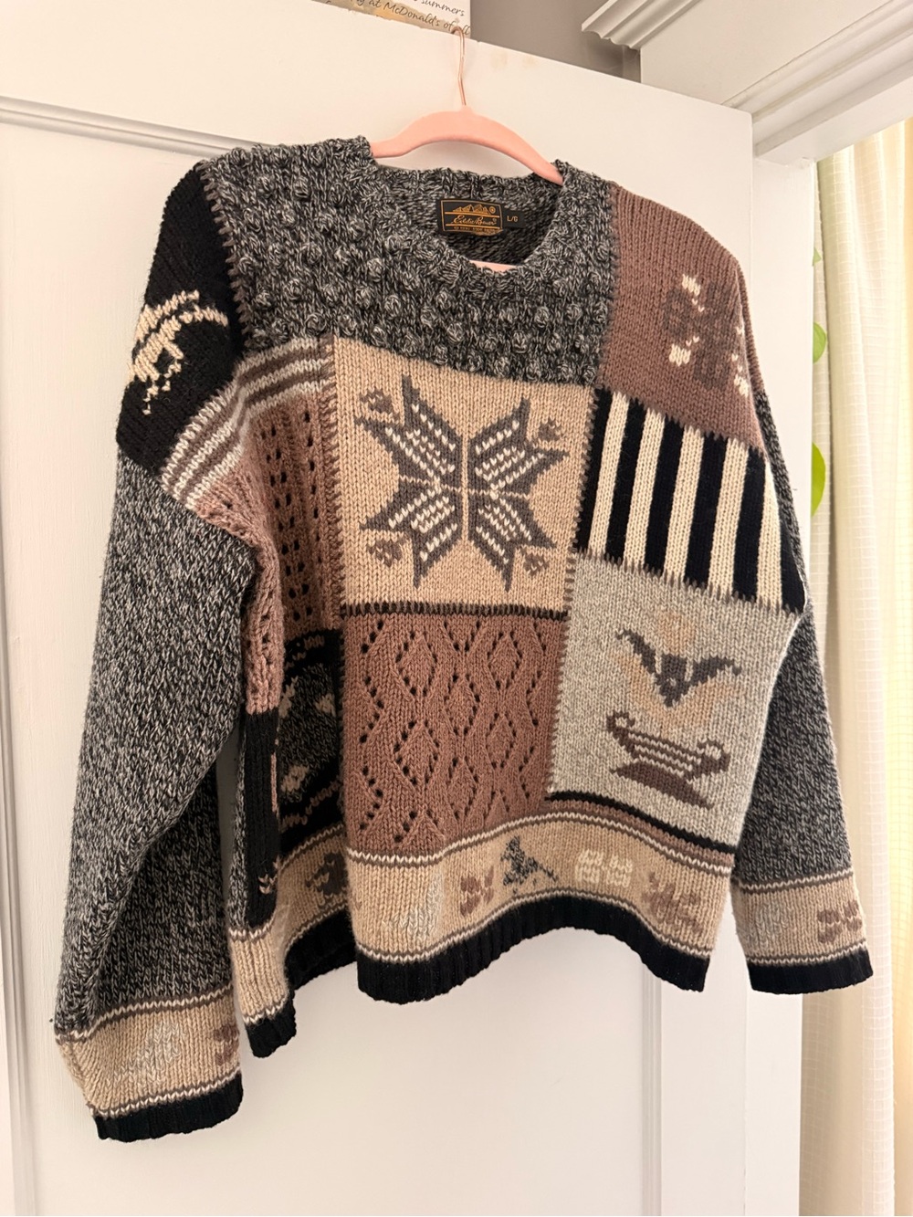 Vintage Eddie Bauer (1993) - Cozy Patchwork Cable Knit Sweater
